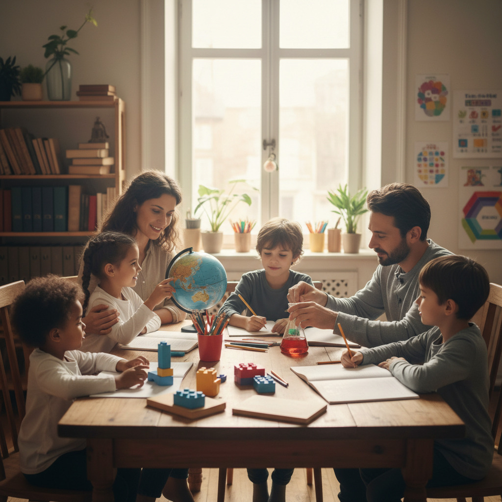 A family sits together around a wooden dining table, with parents helping four children read, write, and play with building blocks.