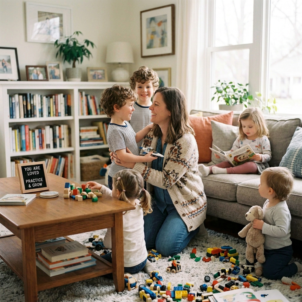 Mother and child playing with building blocks beside a coffee table
